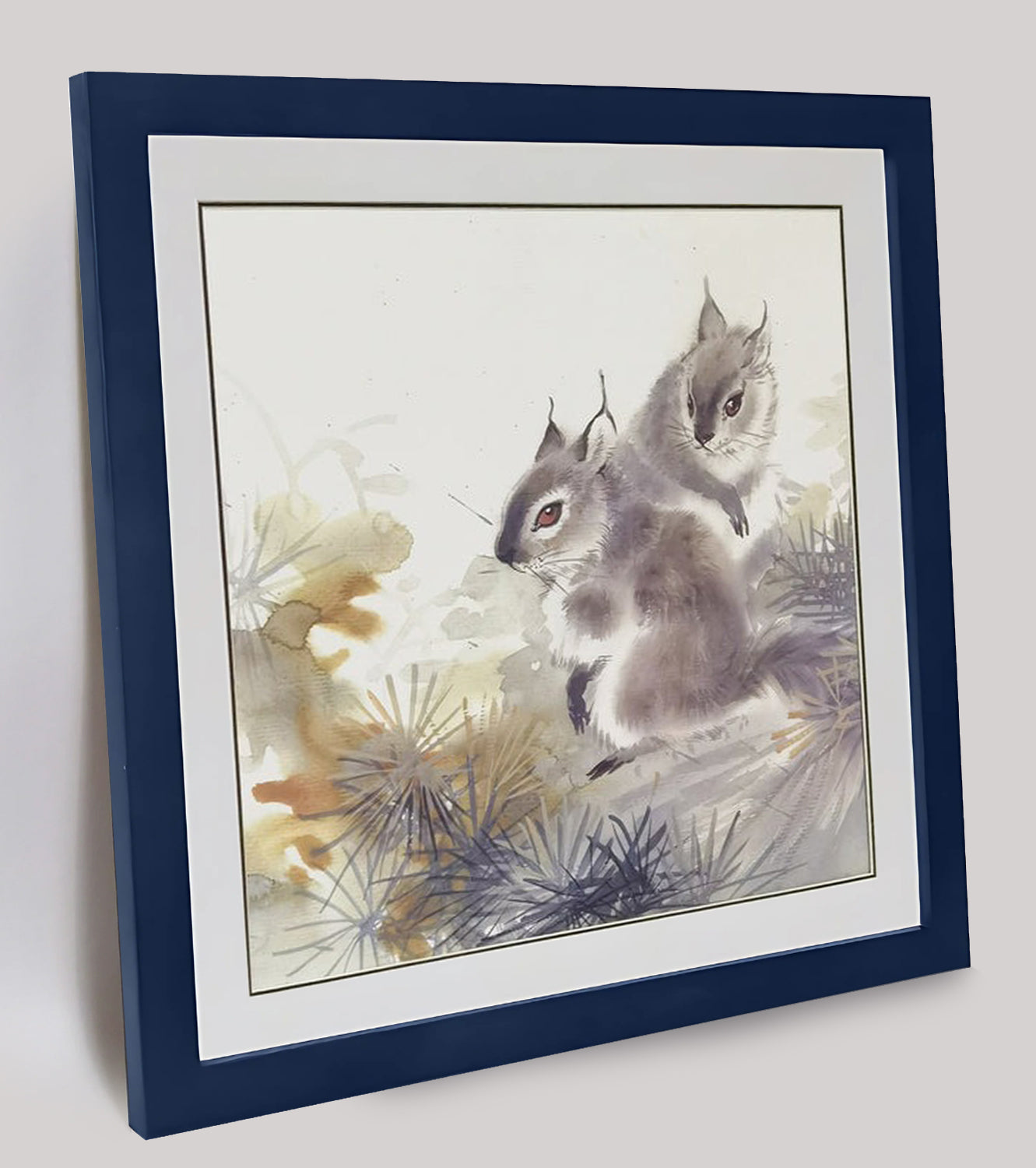 Hand-painted Squirrel Pair in Pine Forest Artwork – Fine Brush Technique, Premium MATT Paper, Natural Wood Frame, Multiple Sizes & Colors