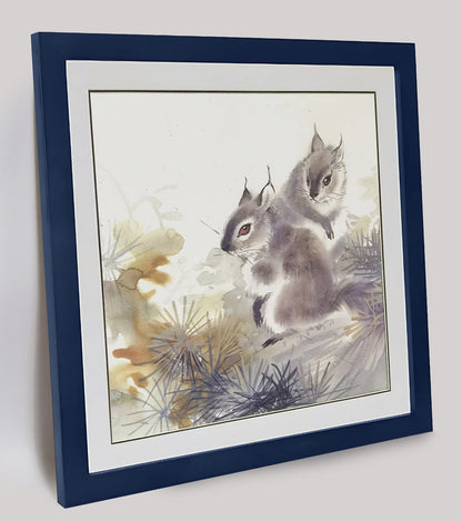 Hand-painted Squirrel Pair in Pine Forest Artwork – Fine Brush Technique, Premium MATT Paper, Natural Wood Frame, Multiple Sizes & Colors