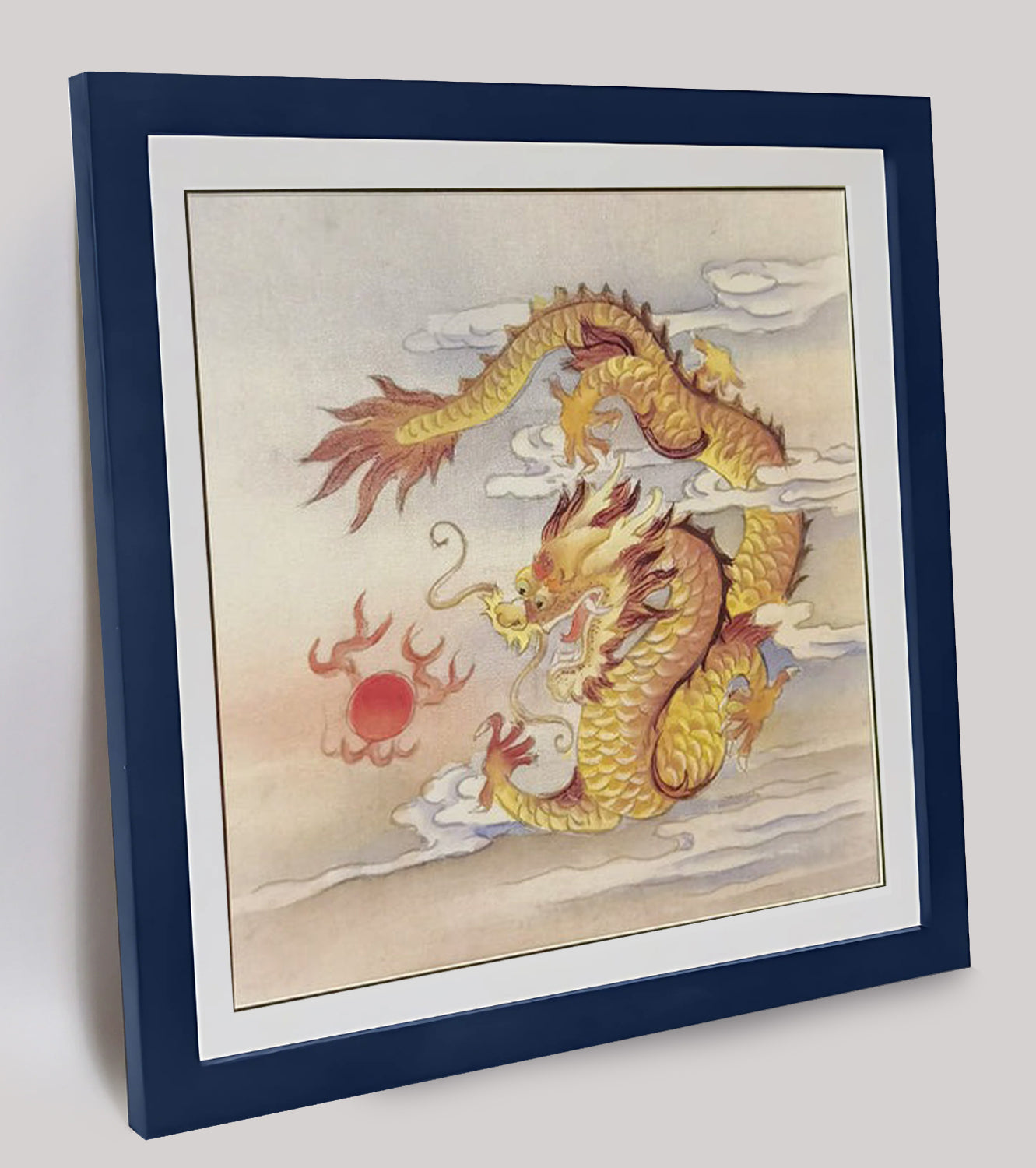 Hand-painted Golden Dragon Playing with Pearl Artwork – Fine Brush Technique, Premium MATT Paper, Natural Wood Frame, Multiple Sizes & Colors