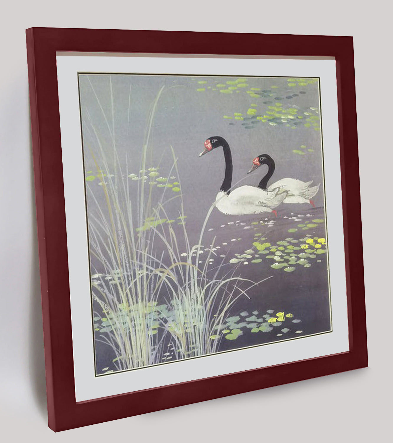 Hand-painted Black-necked Swans in Reed Bed Artwork – Watercolor Technique, Premium MATT Paper, Natural Wood Frame, Multiple Sizes & Colors