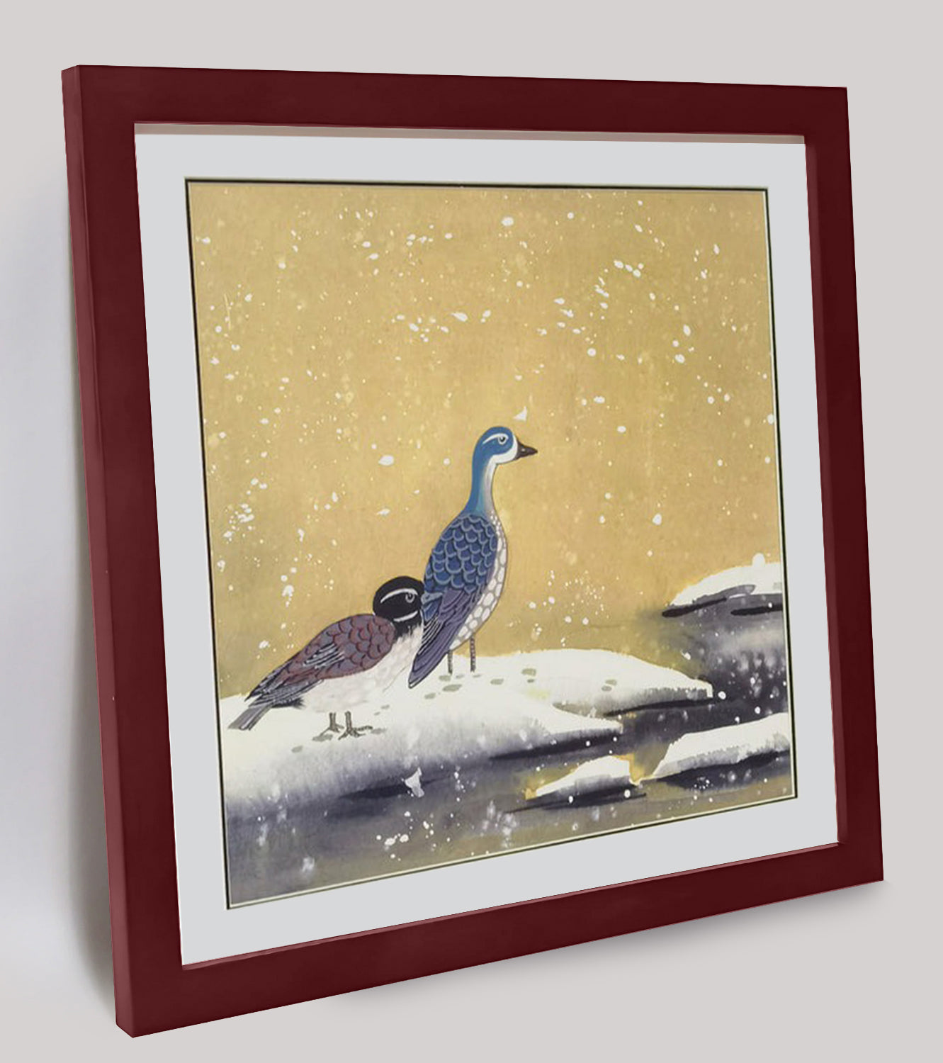 Hand-painted Blue-headed Ducks by the Water Artwork – Watercolor Technique, Premium MATT Paper, Natural Wood Frame, Multiple Sizes & Colors