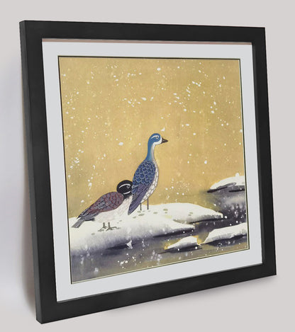 Hand-painted Blue-headed Ducks by the Water Artwork – Watercolor Technique, Premium MATT Paper, Natural Wood Frame, Multiple Sizes & Colors