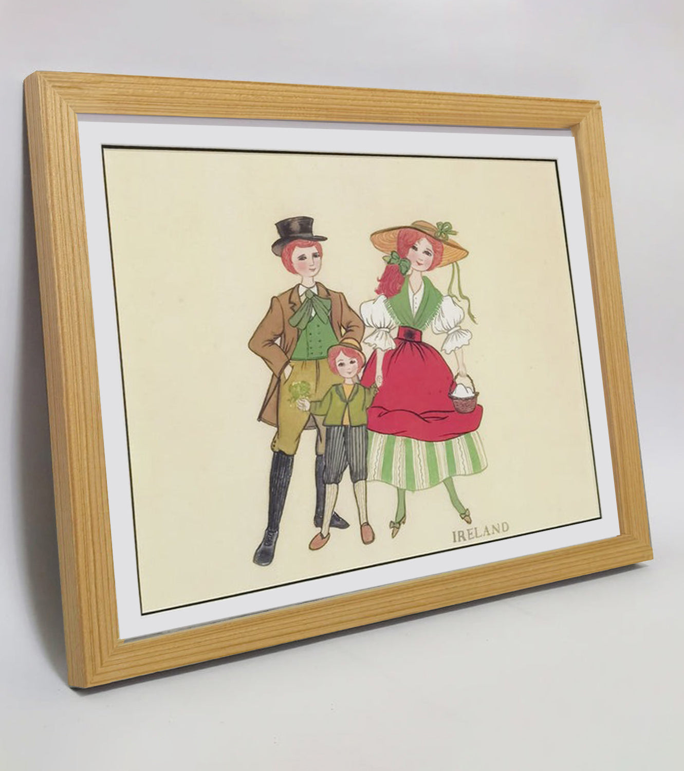 Hand-painted Ireland Traditional Family & Costume Art Print – Premium MATT Paper, Natural Wood Frame, Multiple Sizes & Colors