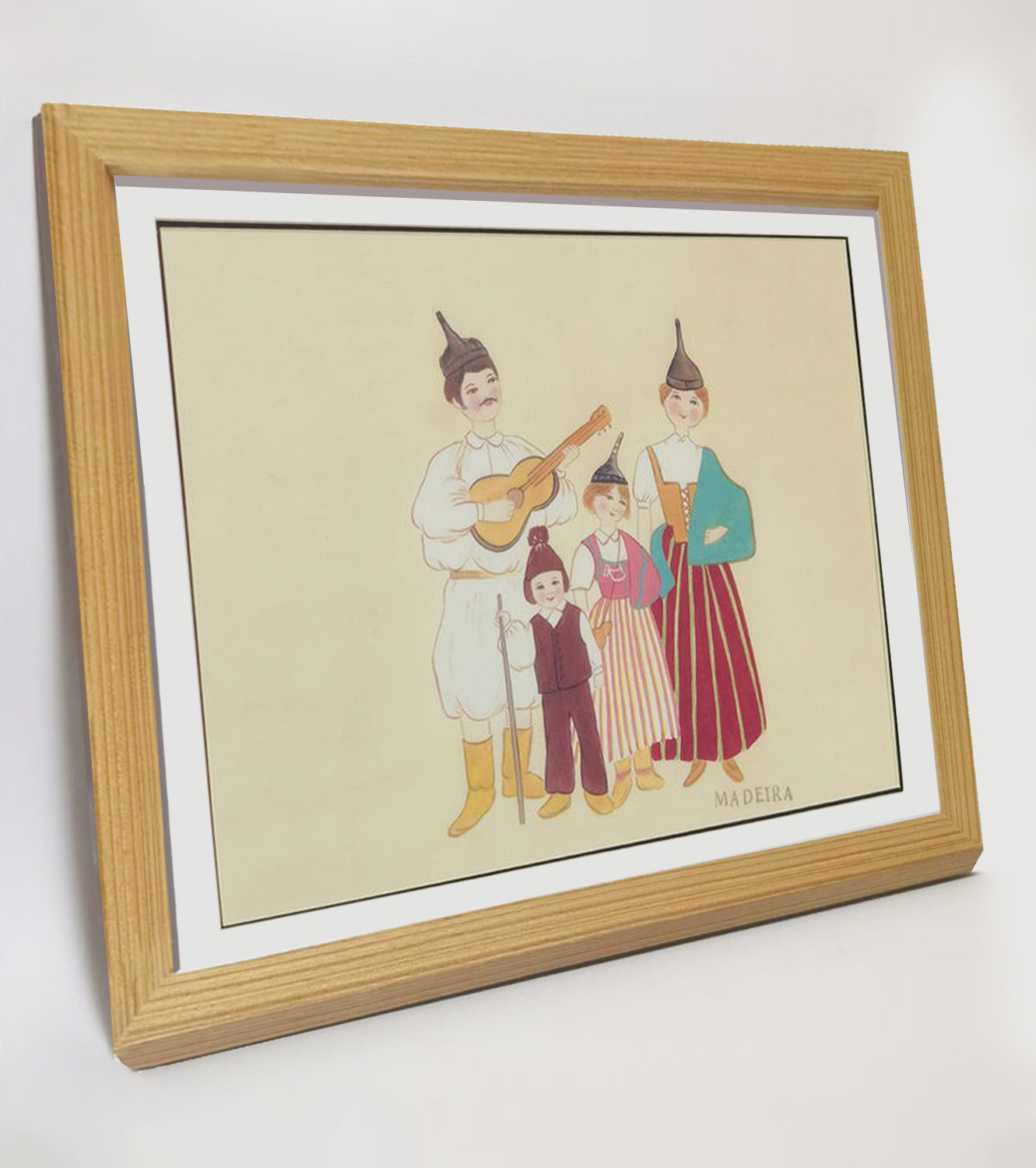 Madeira Indigenous Family Life & Traditional Costume Hand-painted Art Print - Premium MATT Paper, Natural Wood Frame, Multiple Sizes & Colors