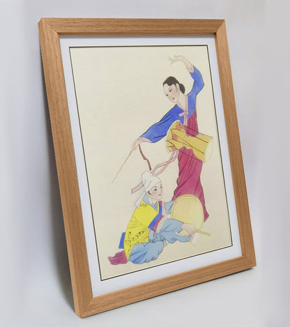 Hand-painted Korean Drummers Artwork – Fine Brush Technique, Premium MATT Paper, Natural Wood Frame, Multiple Sizes & Colors