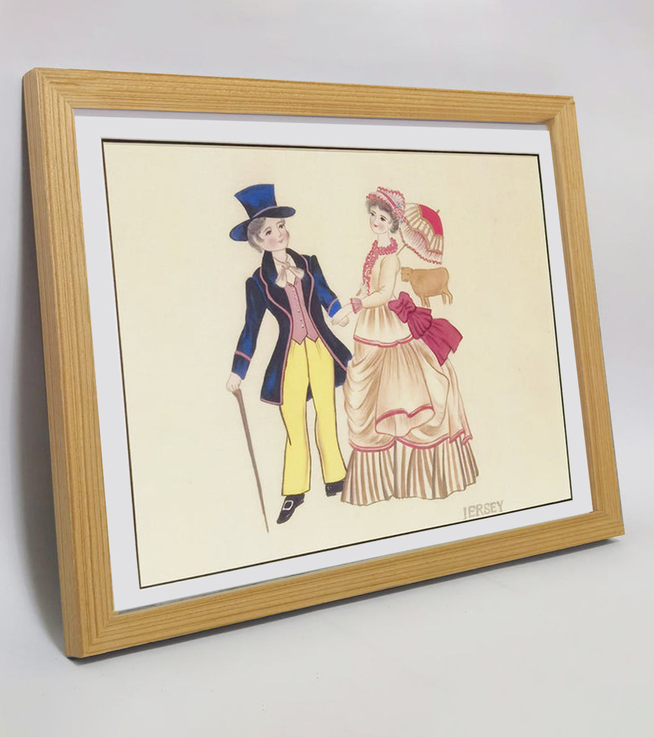 Hand-painted Jersey Traditional Folk Art Print – Ethnic Costume, Natural Wood Frame, Premium MATT Paper, Multiple Sizes & Colors