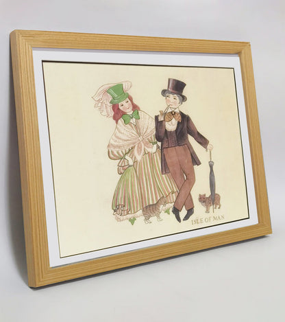 Hand-painted Isle of Man Folk Art Print – Traditional Costumes, Natural Wood Frame, Premium MATT Paper, Multiple Sizes & Colors