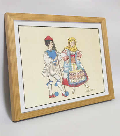 Hand-painted Greek Traditional Folk Art Print – Ethnic Costume, Natural Wood Frame, Premium MATT Paper, Multiple Sizes & Colors