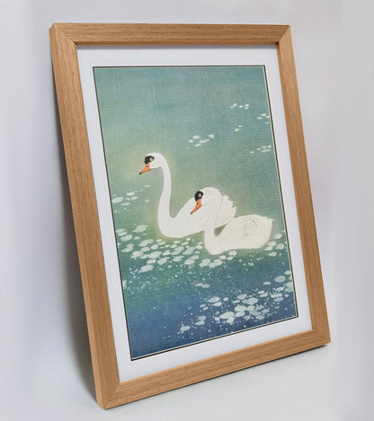Hand-painted Pair of Swans on Blue Pond Artwork – Watercolor Technique, Premium MATT Paper, Natural Wood Frame, Multiple Sizes & Colors