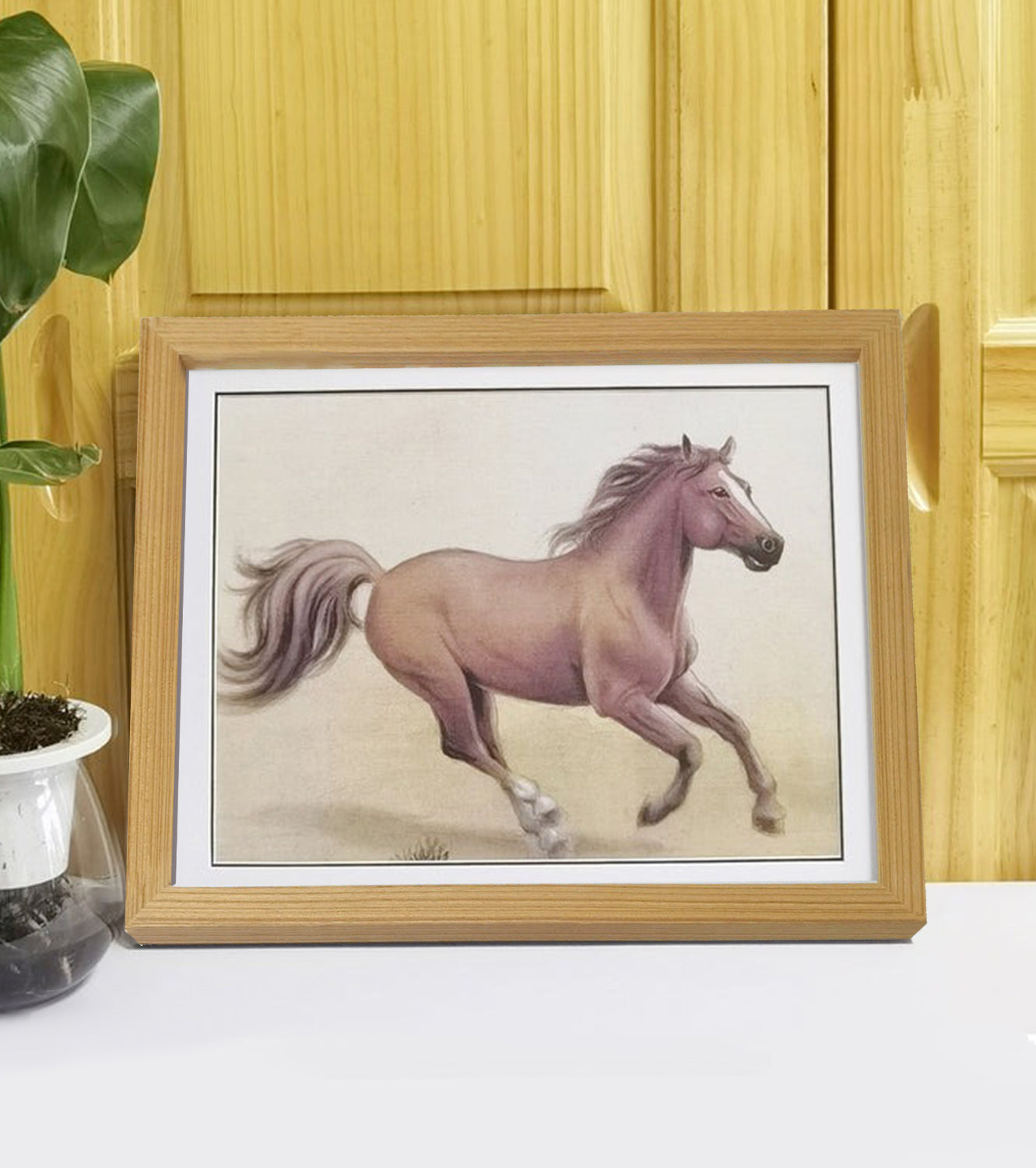 Hand-painted Brown Horse Artwork – Fine Brush Technique, Premium MATT Paper, Natural Wood Frame, Multiple Sizes & Colors