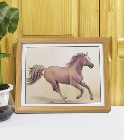 Hand-painted Brown Horse Artwork – Fine Brush Technique, Premium MATT Paper, Natural Wood Frame, Multiple Sizes & Colors