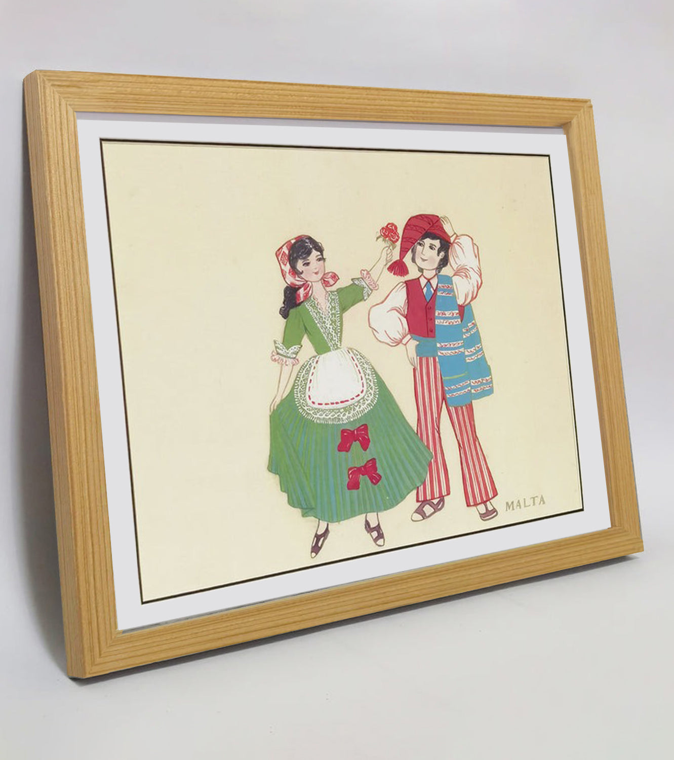 Hand-Painted Malta Traditional Folk Art Men &amp; Women Costumes, Wood Framed, MATT Paper Print