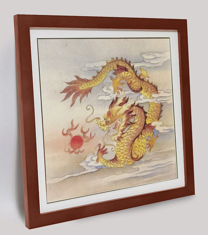 Hand-painted Golden Dragon Playing with Pearl Artwork – Fine Brush Technique, Premium MATT Paper, Natural Wood Frame, Multiple Sizes & Colors