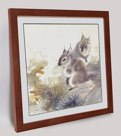Hand-painted Squirrel Pair in Pine Forest Artwork – Fine Brush Technique, Premium MATT Paper, Natural Wood Frame, Multiple Sizes & Colors