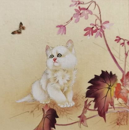 White Cat & Butterflies Perception Handmade Art Printing Animal Insects Plants Cute and Silly with Wood Frame