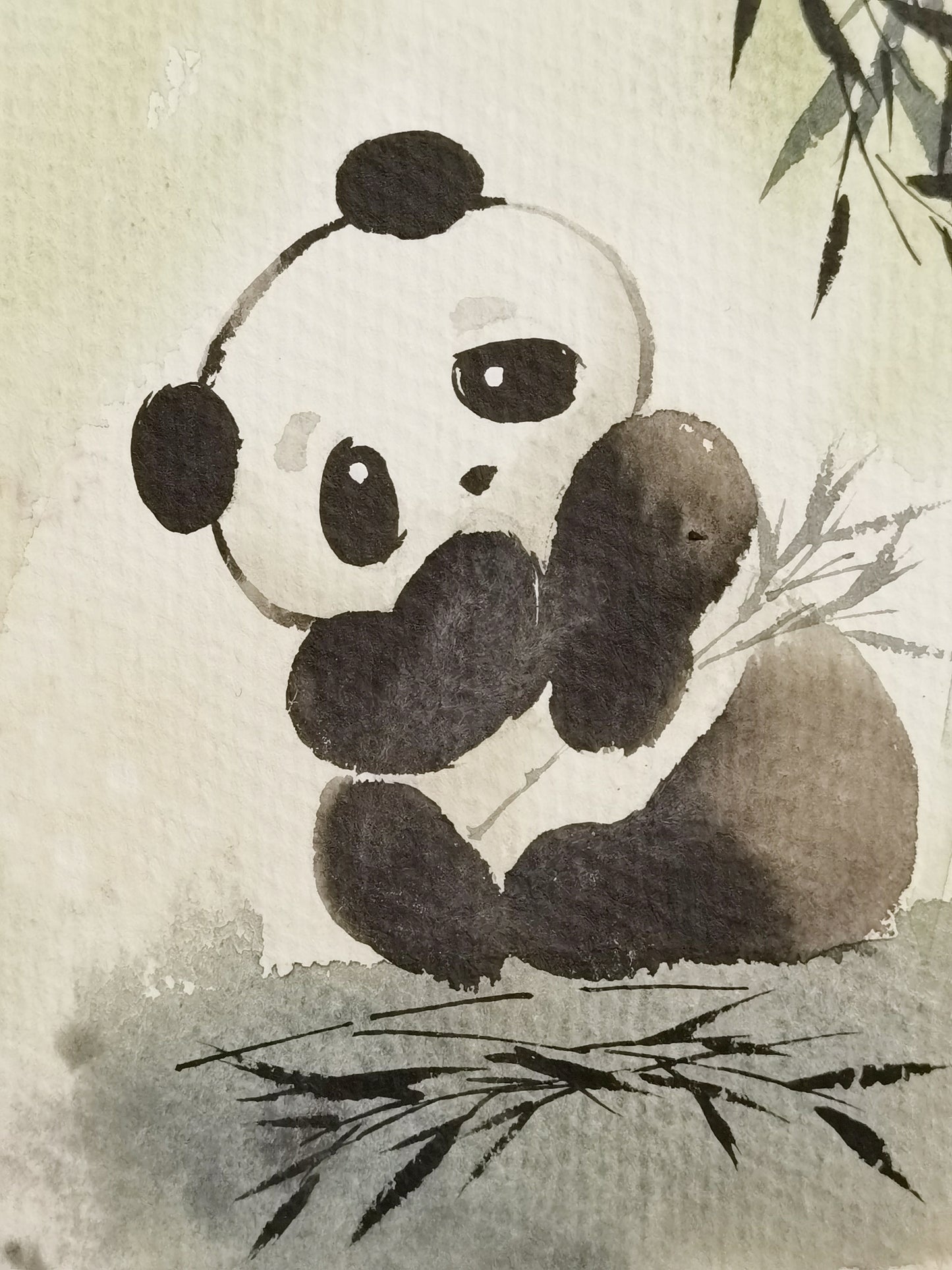 Panda Vividland Handmade Art Printing Bamboo Playful Cute with Wood Frame