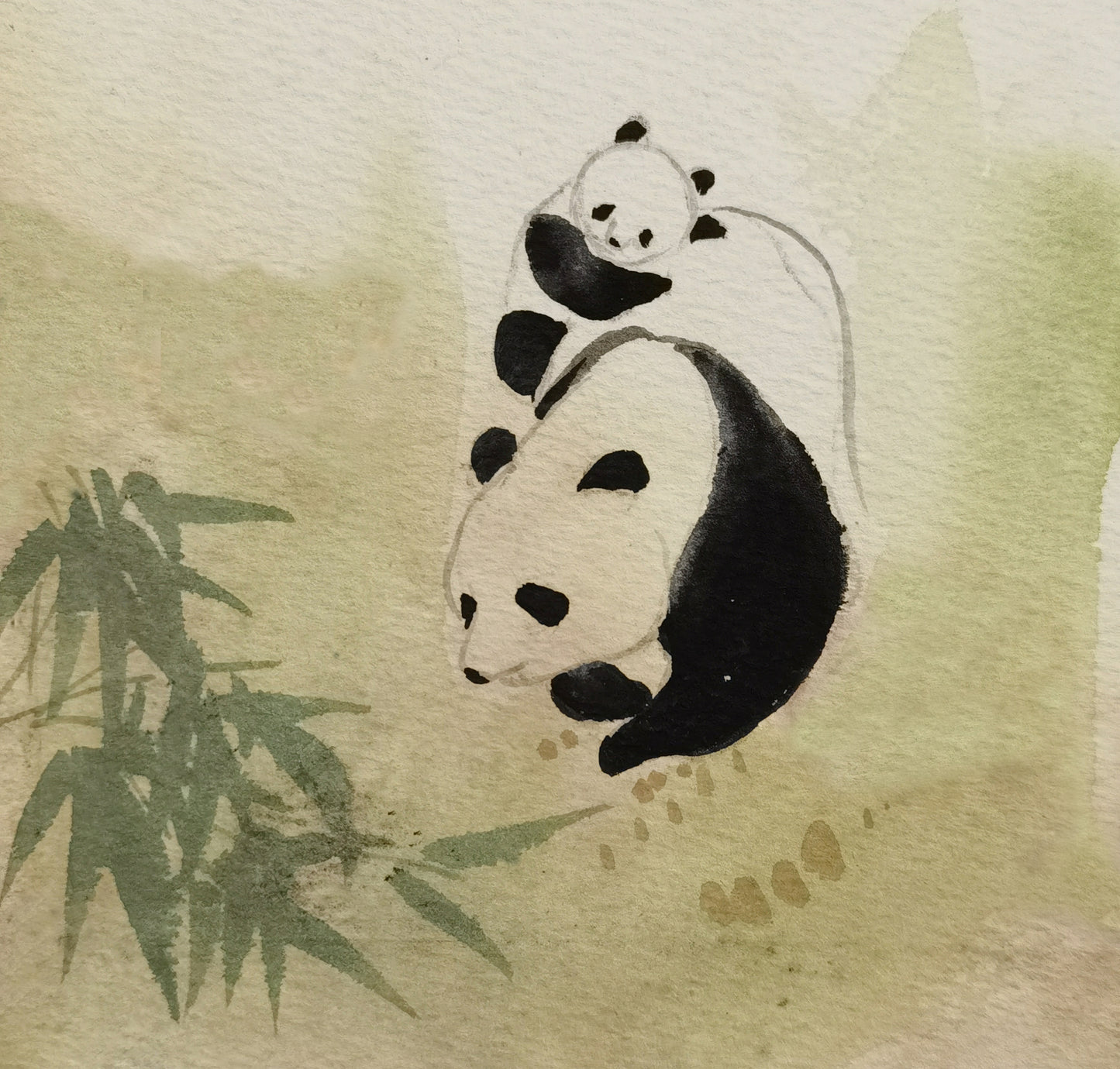 Panda Vividland Handmade Art Printing Mum&Baby Bamboo Playful Cute with Wood Frame