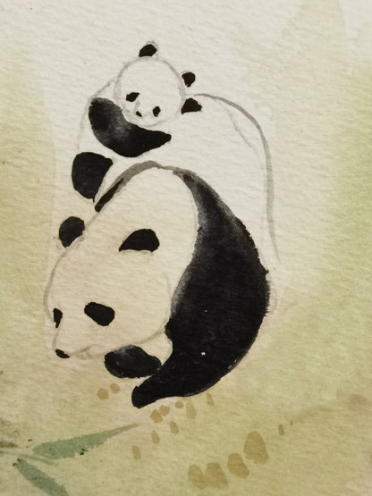 Panda Vividland Handmade Art Printing Mum&Baby Bamboo Playful Cute with Wood Frame