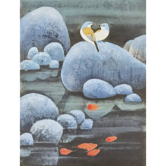 Hand-painted Shrikes on Pond Rocks with Red Maple Leaves – Watercolor Artwork, Premium MATT Paper, Natural Wood Frame, Custom Sizes & Colors