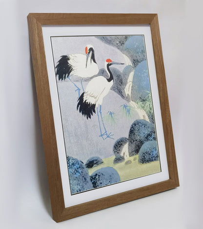 Hand-painted Cranes by Waterfall Artwork – Watercolor Technique, Premium MATT Paper, Natural Wood Frame, Multiple Sizes & Colors