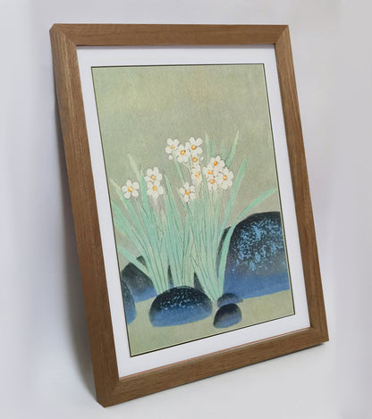 Hand-painted Narcissus Flowers Blooming in Pond Artwork – Watercolor Technique, Premium MATT Paper, Natural Wood Frame, Multiple Sizes & Colors