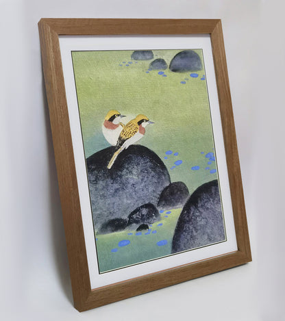 Hand-painted Yellow Warblers on Pond Rocks Artwork – Watercolor Technique, Premium MATT Paper, Natural Wood Frame, Multiple Sizes & Colors