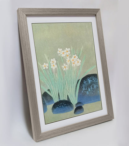 Hand-painted Narcissus Flowers Blooming in Pond Artwork – Watercolor Technique, Premium MATT Paper, Natural Wood Frame, Multiple Sizes & Colors