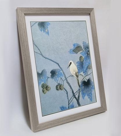 Hand-painted Nightingale on Paulownia Tree Branch Artwork – Watercolor Technique, Premium MATT Paper, Natural Wood Frame, Multiple Sizes & Colors