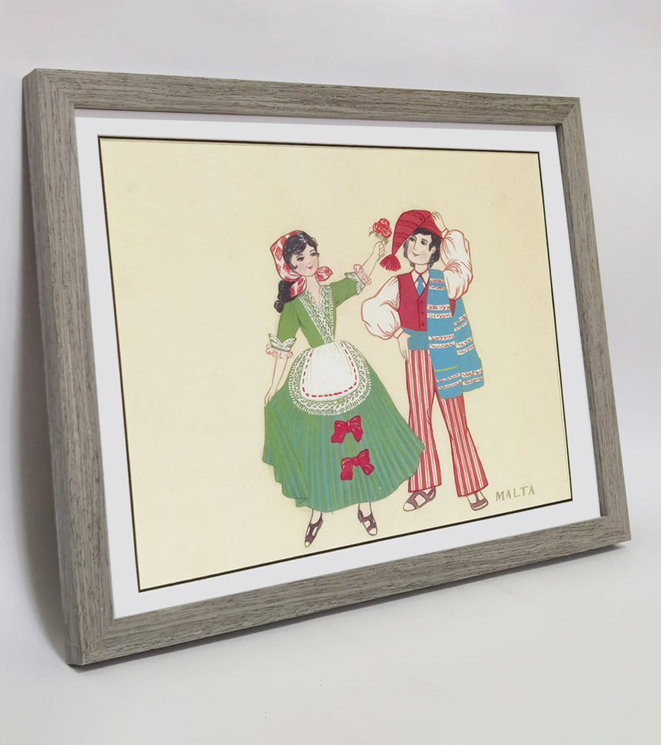 Hand-Painted Malta Traditional Folk Art Men &amp; Women Costumes, Wood Framed, MATT Paper Print
