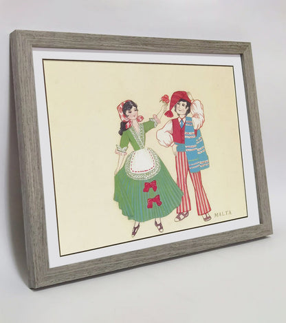 Hand-Painted Malta Traditional Folk Art Men &amp; Women Costumes, Wood Framed, MATT Paper Print