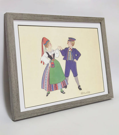 Hand-painted Finnish Folk Art Print – Traditional Costumes, Natural Wood Frame, Premium MATT Paper, Multiple Sizes & Colors
