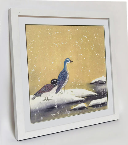 Hand-painted Blue-headed Ducks by the Water Artwork – Watercolor Technique, Premium MATT Paper, Natural Wood Frame, Multiple Sizes & Colors
