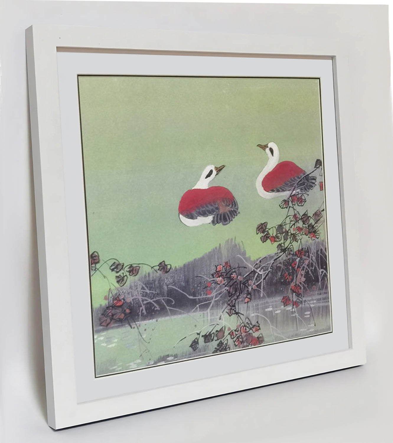 Hand-painted Mandarin Ducks Perched by Pond Artwork – Watercolor Technique, Premium MATT Paper, Natural Wood Frame, Multiple Sizes & Colors