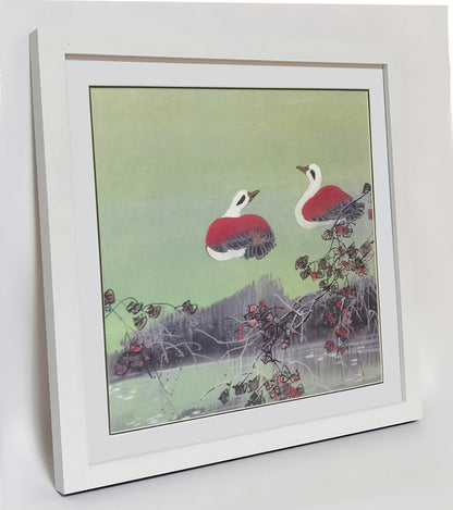 Hand-painted Mandarin Ducks Perched by Pond Artwork – Watercolor Technique, Premium MATT Paper, Natural Wood Frame, Multiple Sizes & Colors