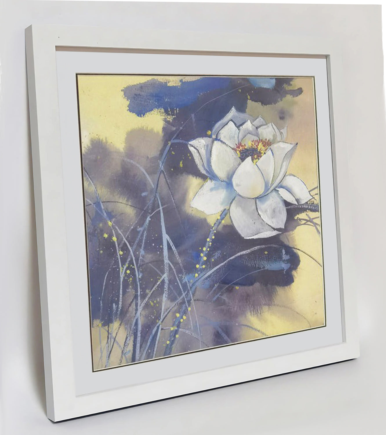 Hand-painted White Lotus Artwork – Watercolor Technique, Premium MATT Paper, Natural Wood Frame, Multiple Sizes & Colors