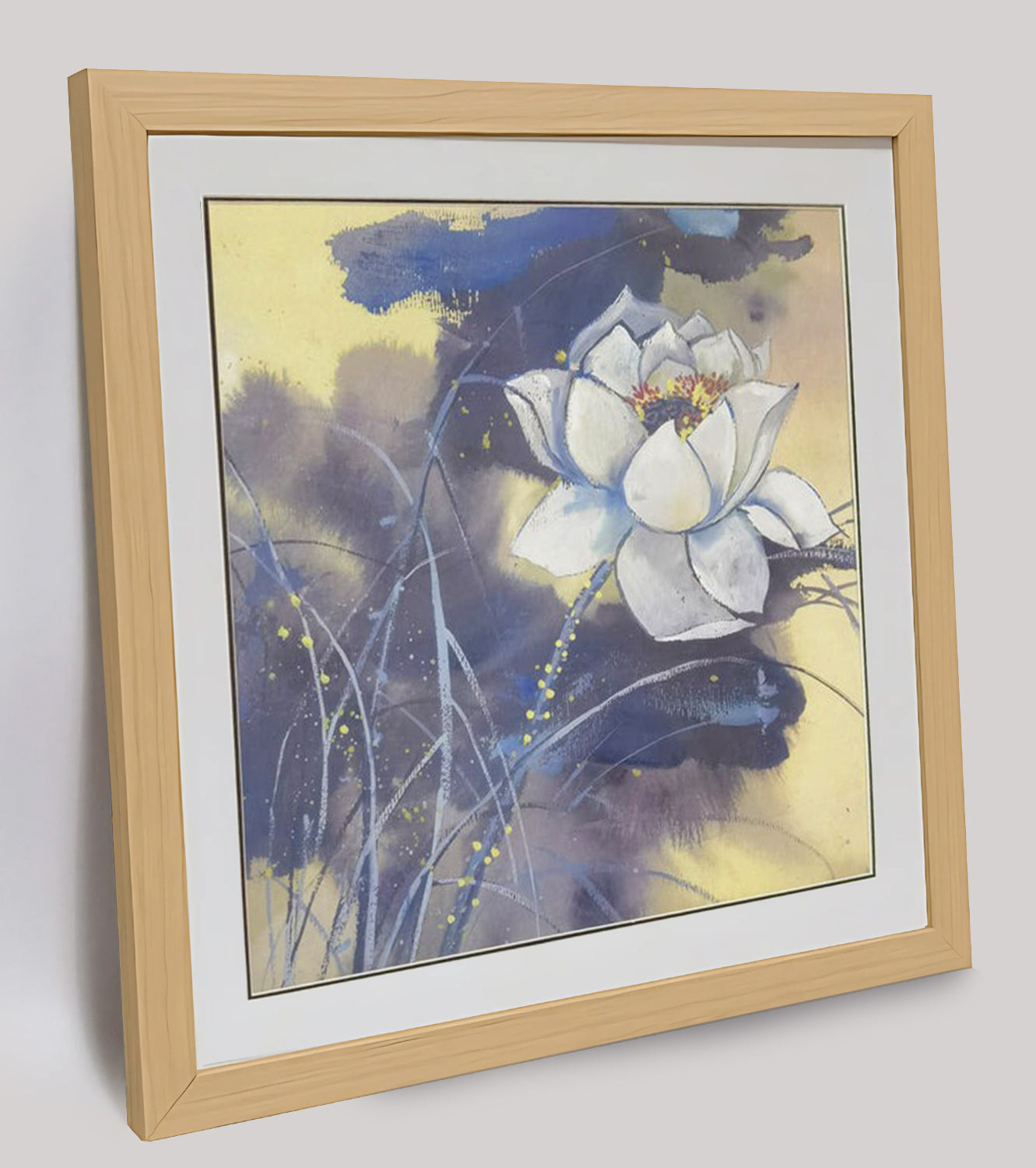 Hand-painted White Lotus Artwork – Watercolor Technique, Premium MATT Paper, Natural Wood Frame, Multiple Sizes & Colors