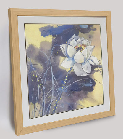 Hand-painted White Lotus Artwork – Watercolor Technique, Premium MATT Paper, Natural Wood Frame, Multiple Sizes & Colors