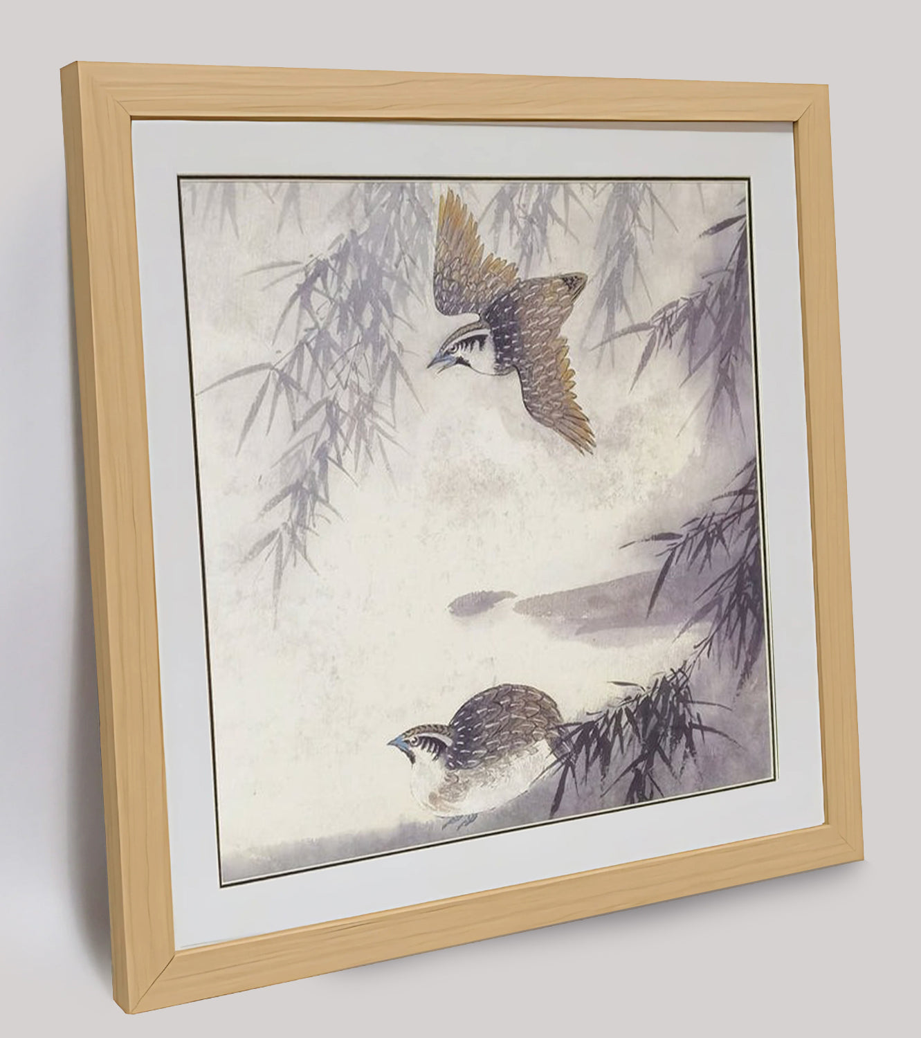 Hand-painted Quails in Bamboo Forest – Watercolor Art Print, Premium MATT Paper, Natural Wood Frame, Custom Sizes & Colors