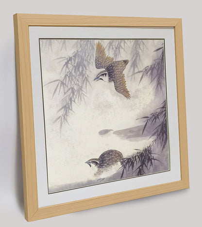 Hand-painted Quails in Bamboo Forest – Watercolor Art Print, Premium MATT Paper, Natural Wood Frame, Custom Sizes & Colors