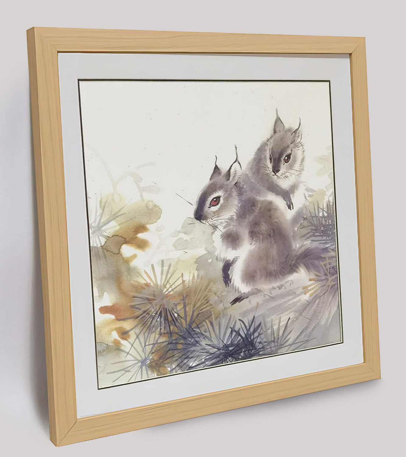 Hand-painted Squirrel Pair in Pine Forest Artwork – Fine Brush Technique, Premium MATT Paper, Natural Wood Frame, Multiple Sizes & Colors