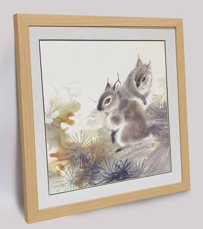 Hand-painted Squirrel Pair in Pine Forest Artwork – Fine Brush Technique, Premium MATT Paper, Natural Wood Frame, Multiple Sizes & Colors