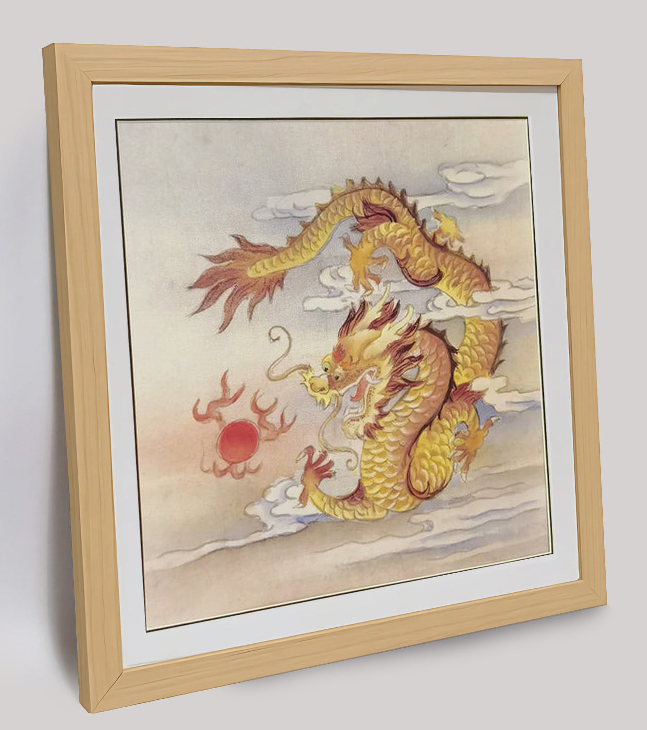 Hand-painted Golden Dragon Playing with Pearl Artwork – Fine Brush Technique, Premium MATT Paper, Natural Wood Frame, Multiple Sizes & Colors