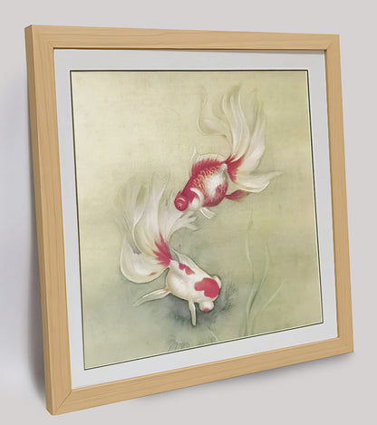 Hand-painted Fantail Goldfish Artwork – Gongbi Technique, Premium MATT Paper, Natural Wood Frame, Multiple Sizes & Colors