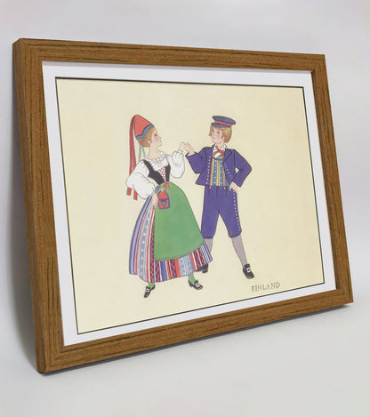 Hand-painted Finnish Folk Art Print – Traditional Costumes, Natural Wood Frame, Premium MATT Paper, Multiple Sizes & Colors