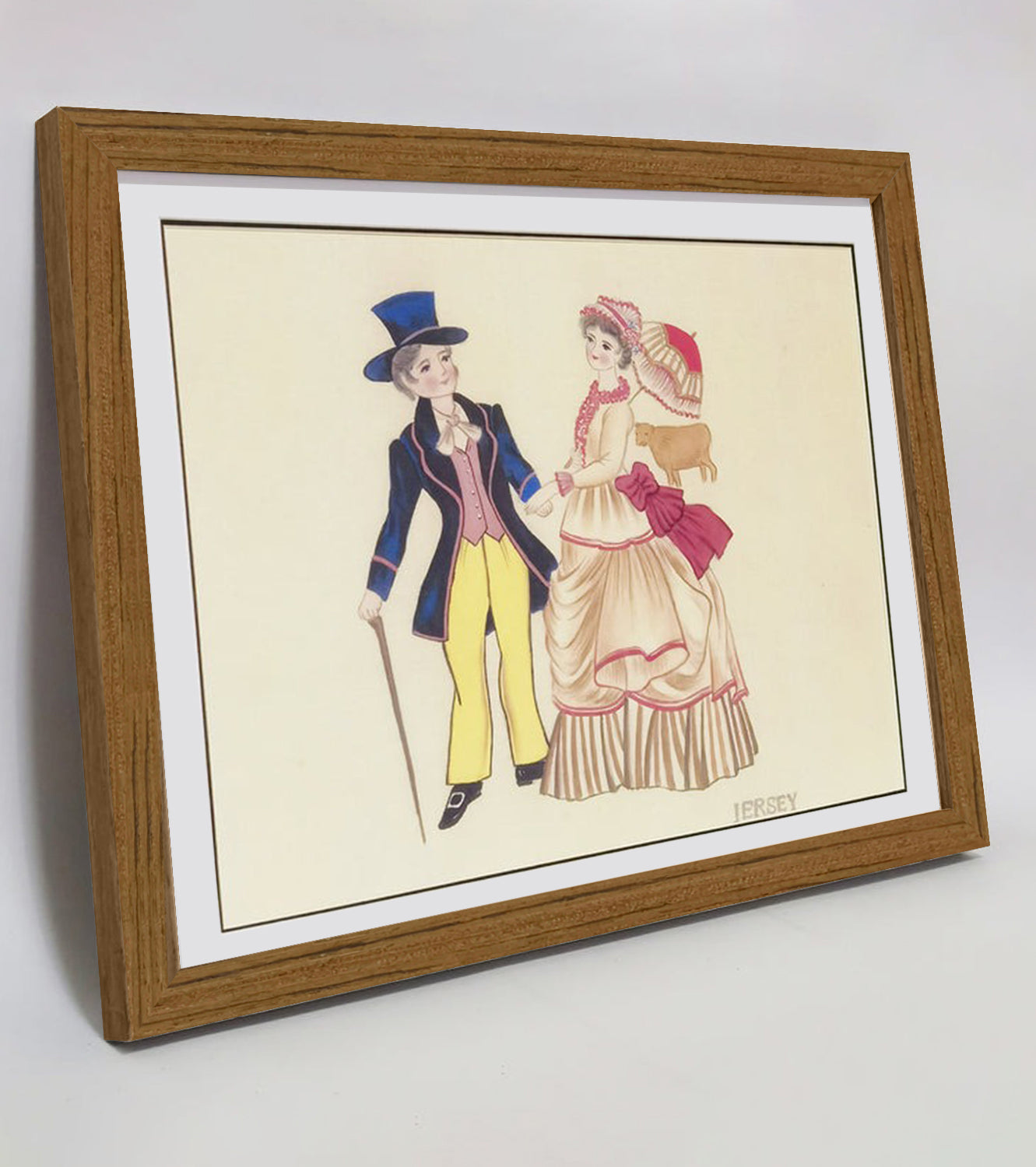 Hand-painted Jersey Traditional Folk Art Print – Ethnic Costume, Natural Wood Frame, Premium MATT Paper, Multiple Sizes & Colors