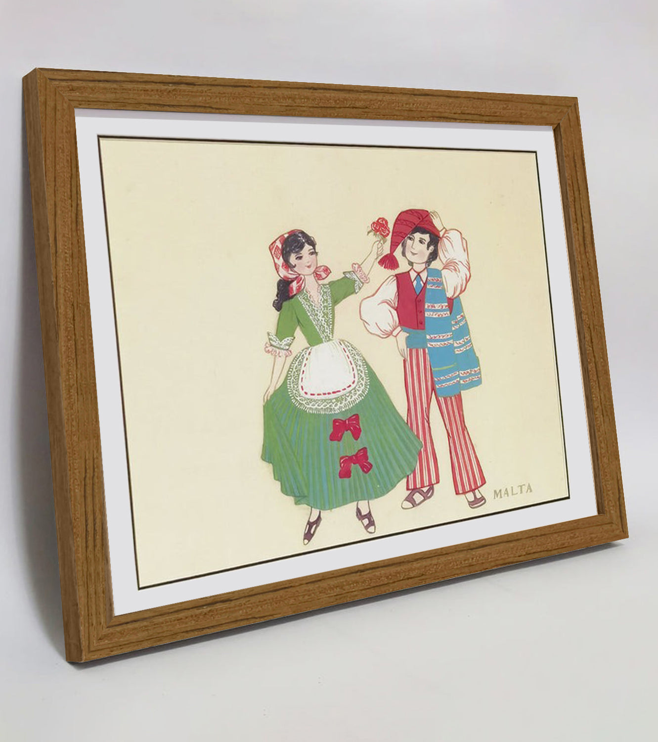Hand-Painted Malta Traditional Folk Art Men &amp; Women Costumes, Wood Framed, MATT Paper Print