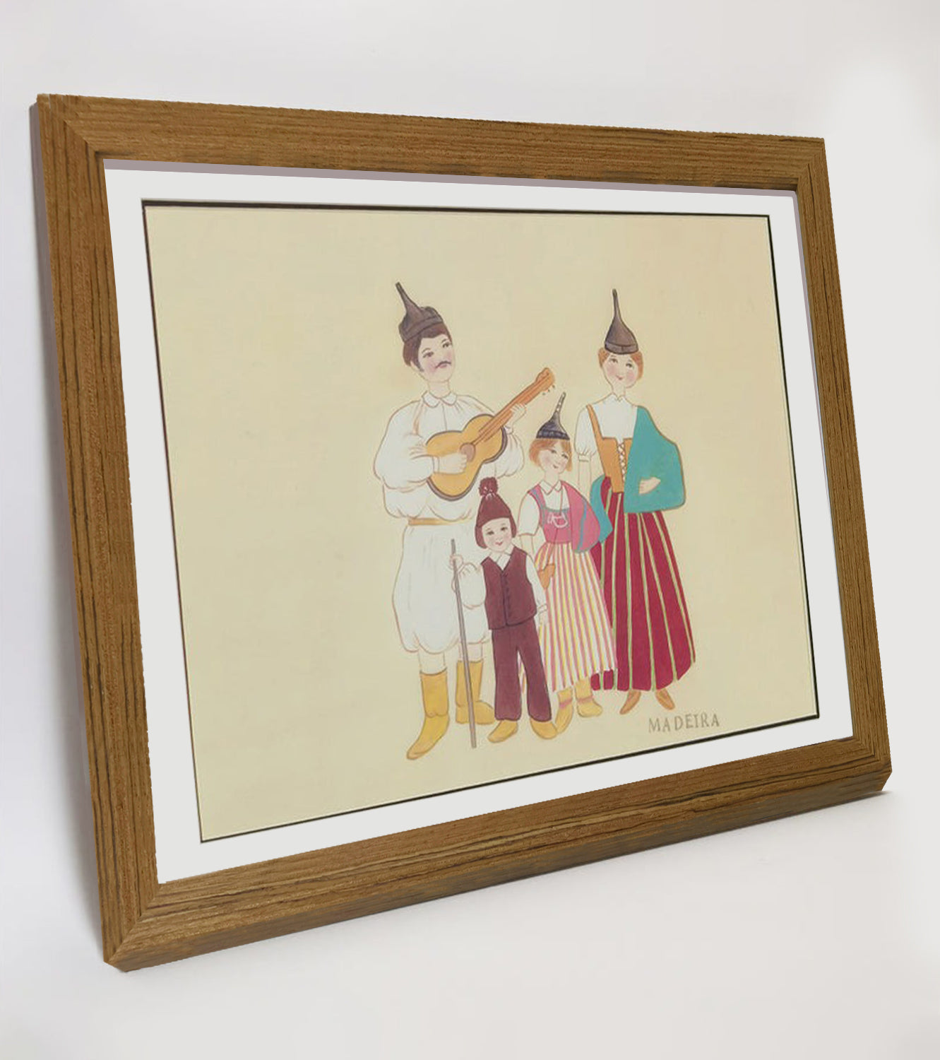 Madeira Indigenous Family Life & Traditional Costume Hand-painted Art Print - Premium MATT Paper, Natural Wood Frame, Multiple Sizes & Colors