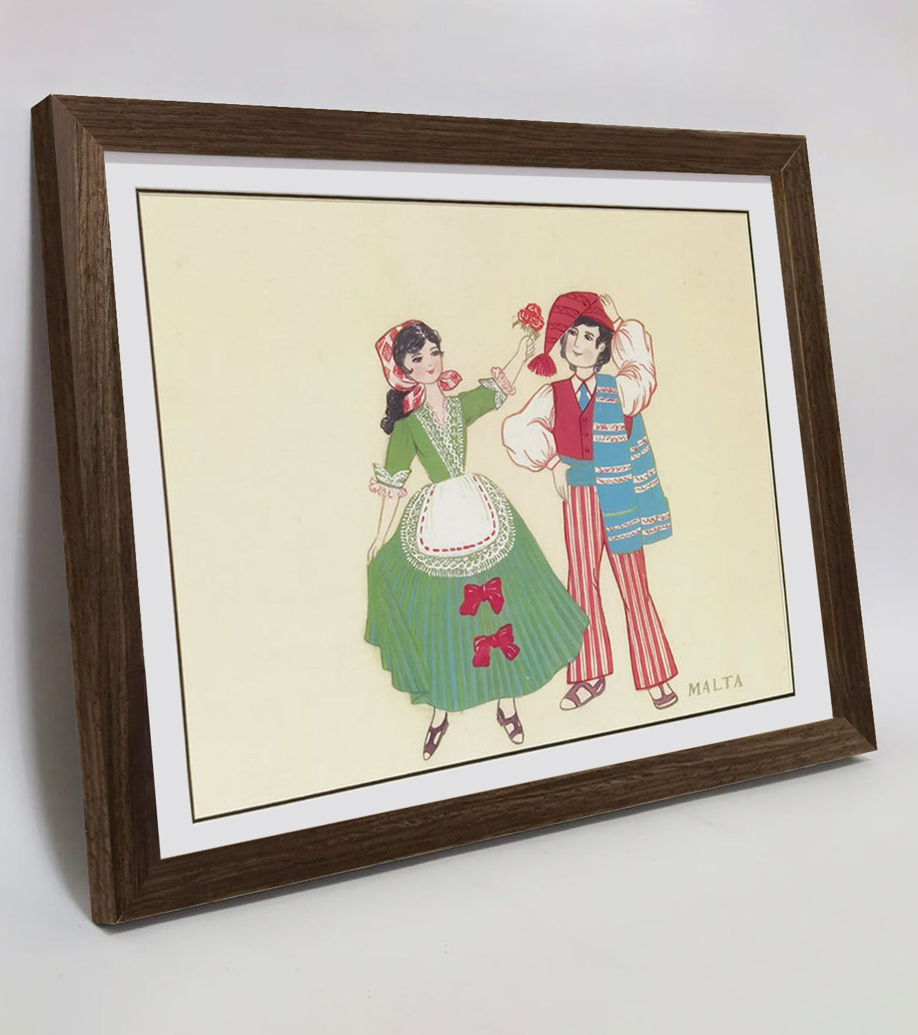 Hand-Painted Malta Traditional Folk Art Men &amp; Women Costumes, Wood Framed, MATT Paper Print