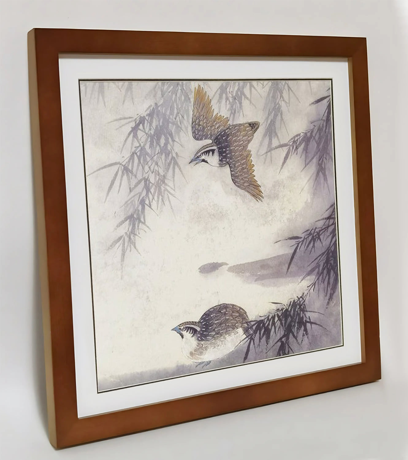 Hand-painted Quails in Bamboo Forest – Watercolor Art Print, Premium MATT Paper, Natural Wood Frame, Custom Sizes & Colors