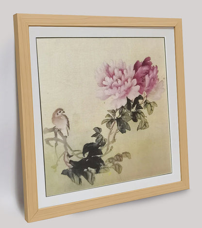 Hand-painted Peony & Bird Watercolor Artwork – Vibrant & Elegant, Premium MATT Paper, Natural Wood Frame, Multiple Sizes & Colors